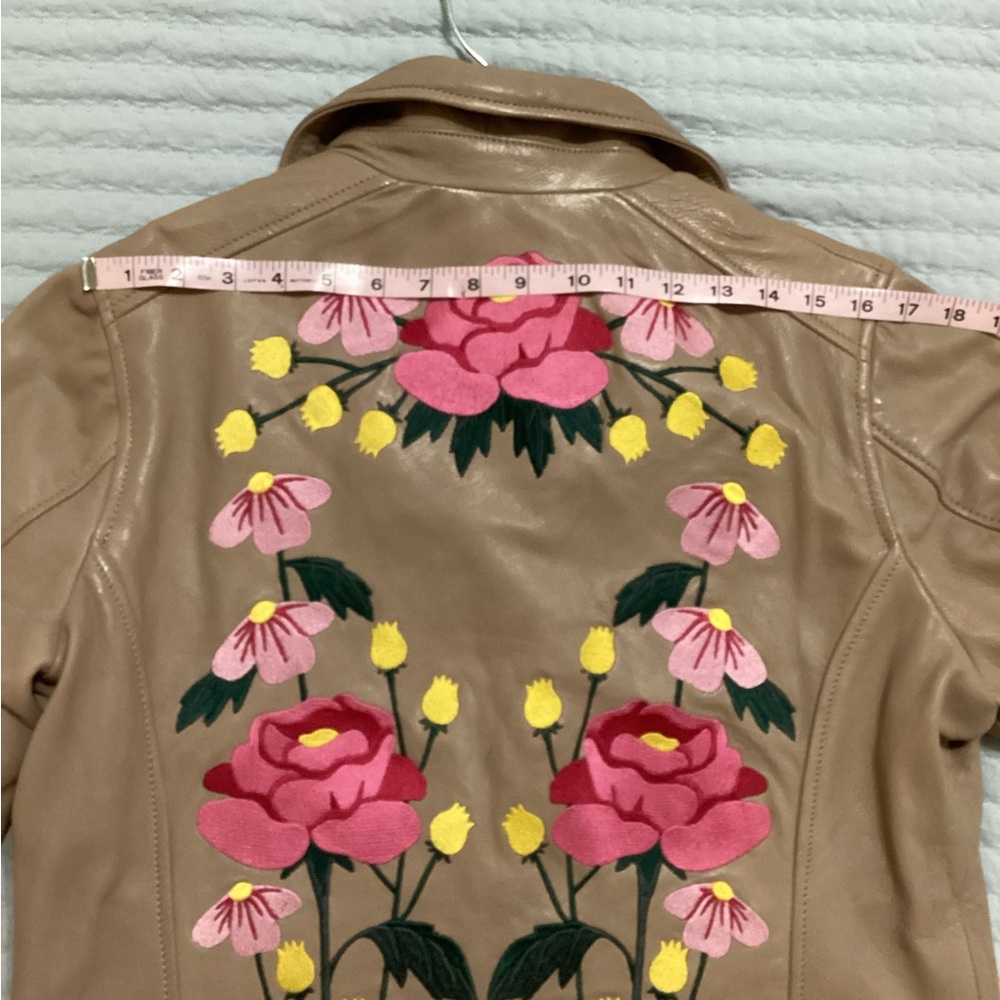 Embroidered Floral Leather Jacket in Tan - Picture 8 of 9
